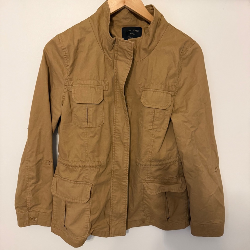 Love Tree Womens Tan Khaki Cotton Utility Field Jacket Mock Neck Medium 8047JH
